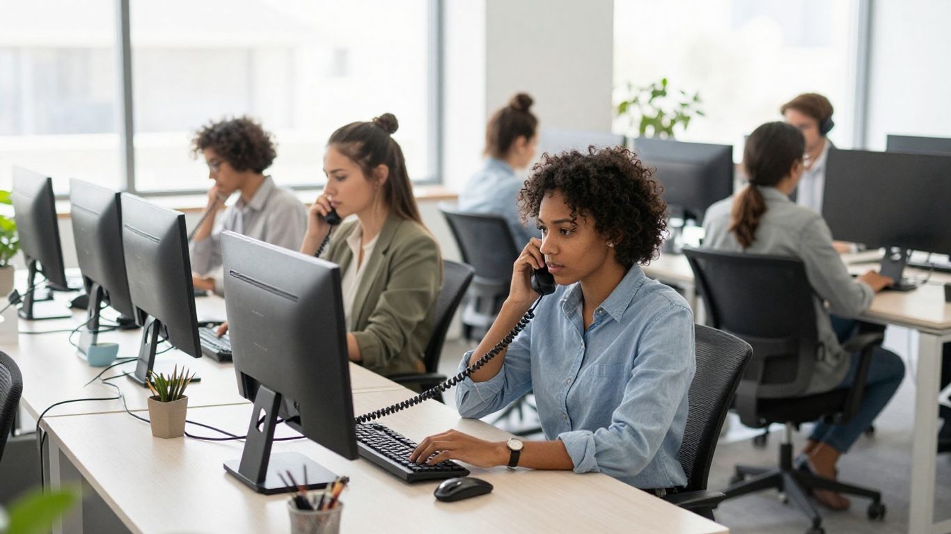 Property management team using phones and computers efficiently.