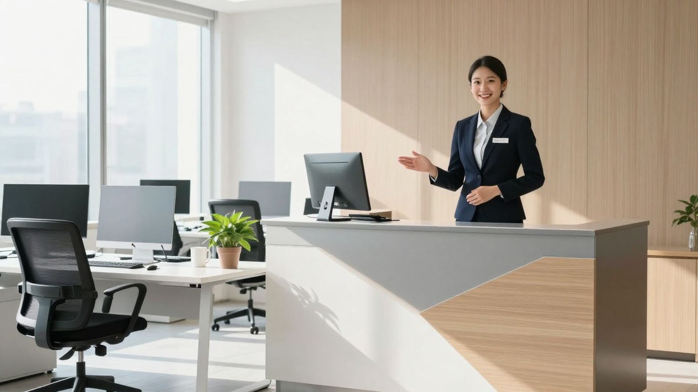 Business receptionist assisting a client at a desk.