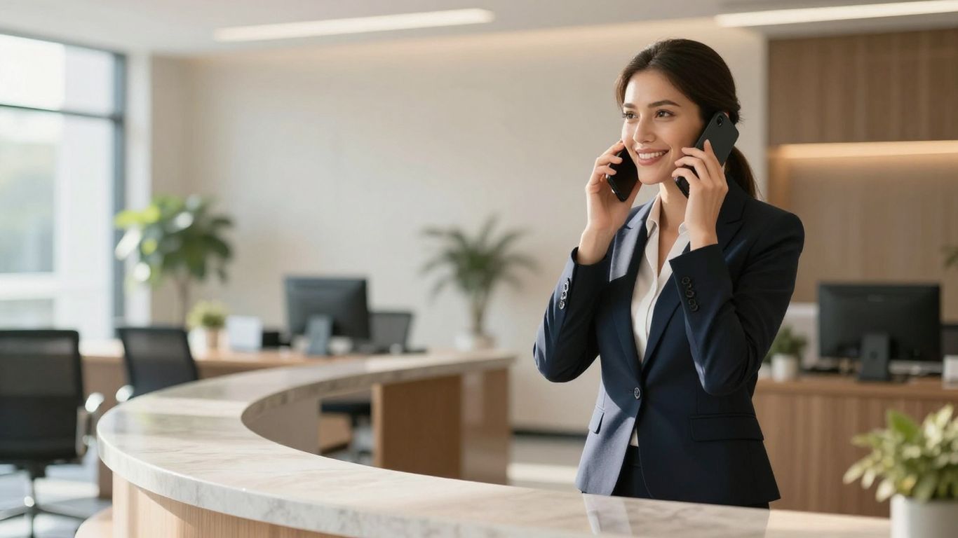 Professional receptionist answering a business call in a modern office.