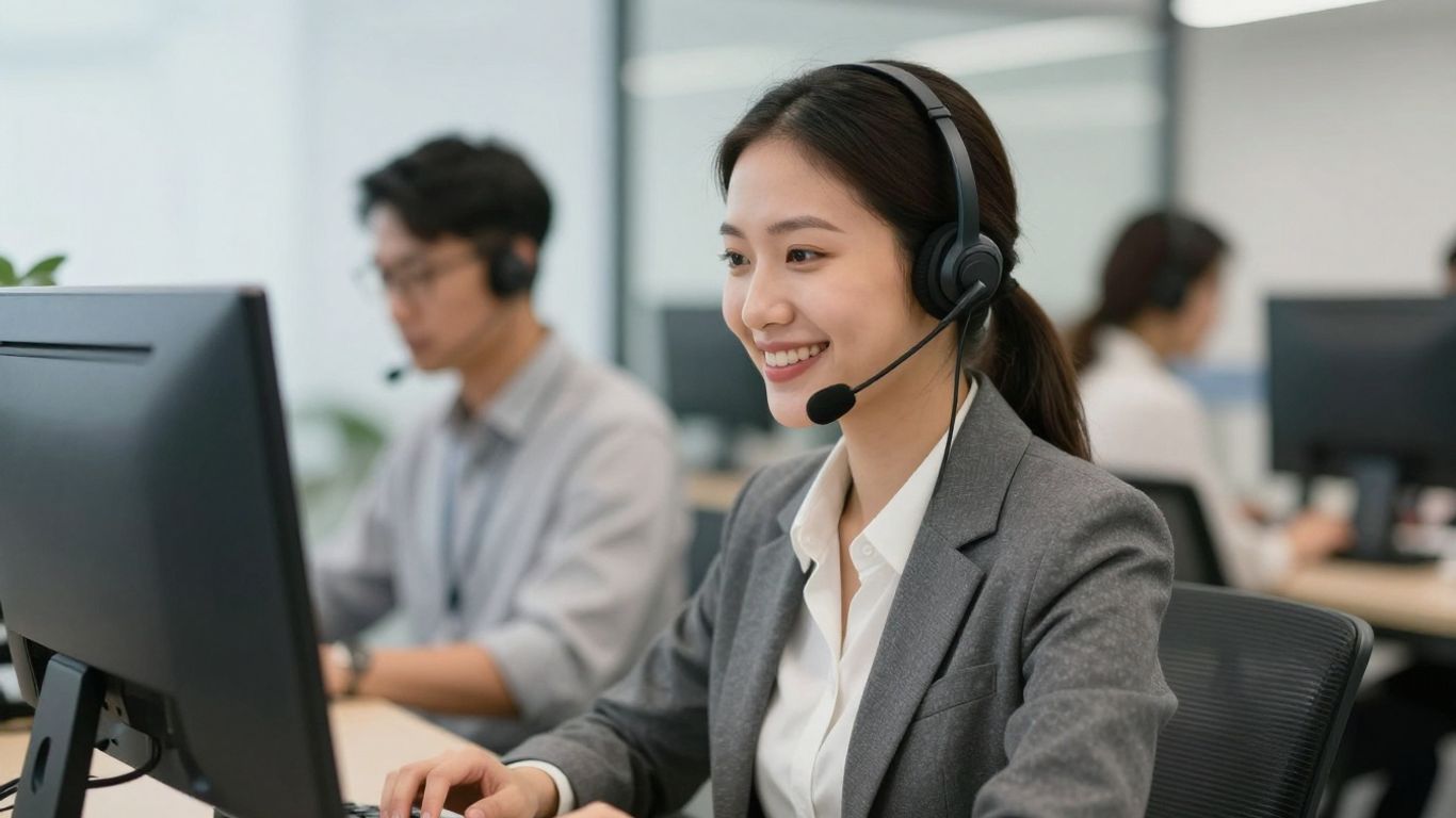 Virtual receptionist assisting a business client over the phone.