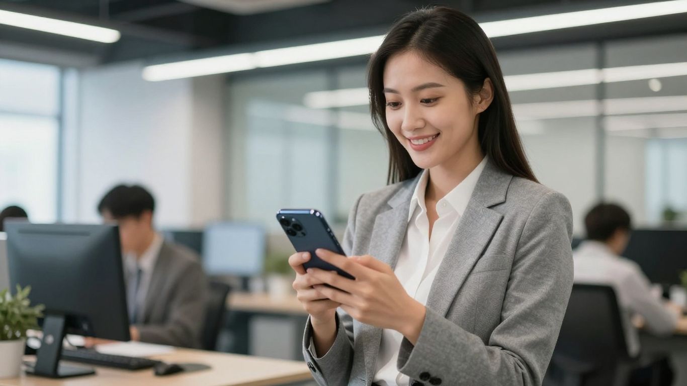 Businesswoman using a smartphone in a modern office.