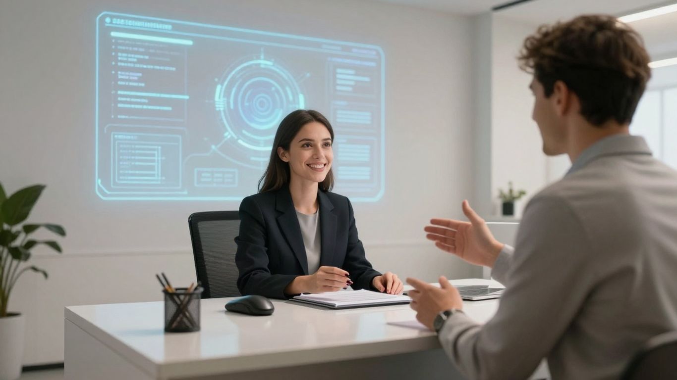 AI receptionist avatar at a modern office desk.