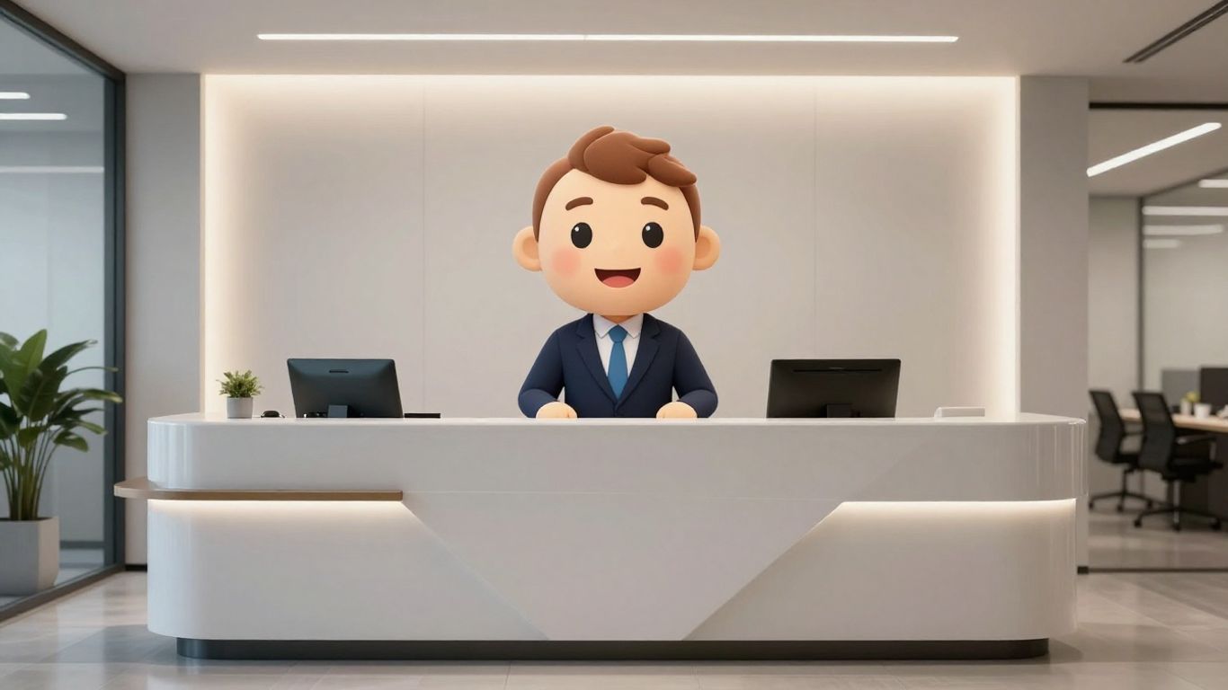 Rosie AI receptionist avatar on a digital screen.