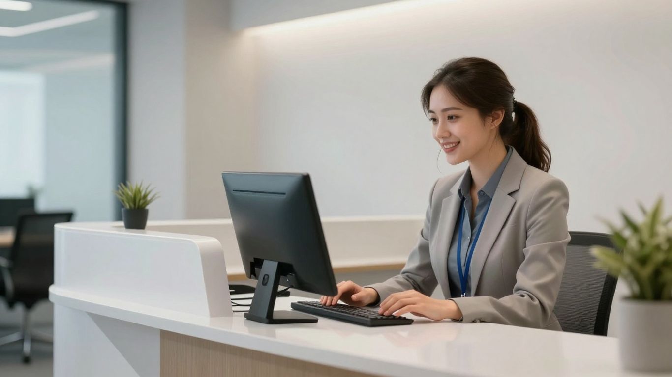 AI receptionist software interface on a modern desk.
