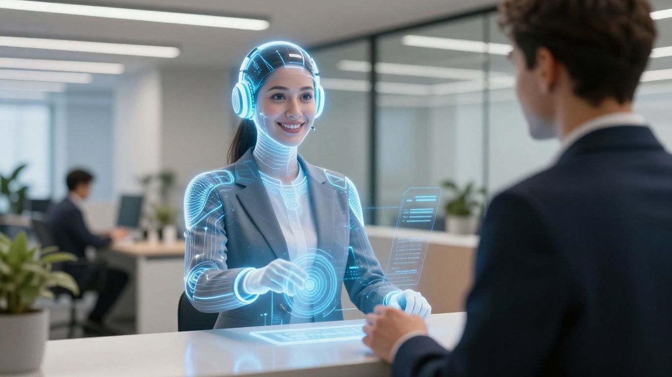 AI virtual receptionist interface in a modern office setting.