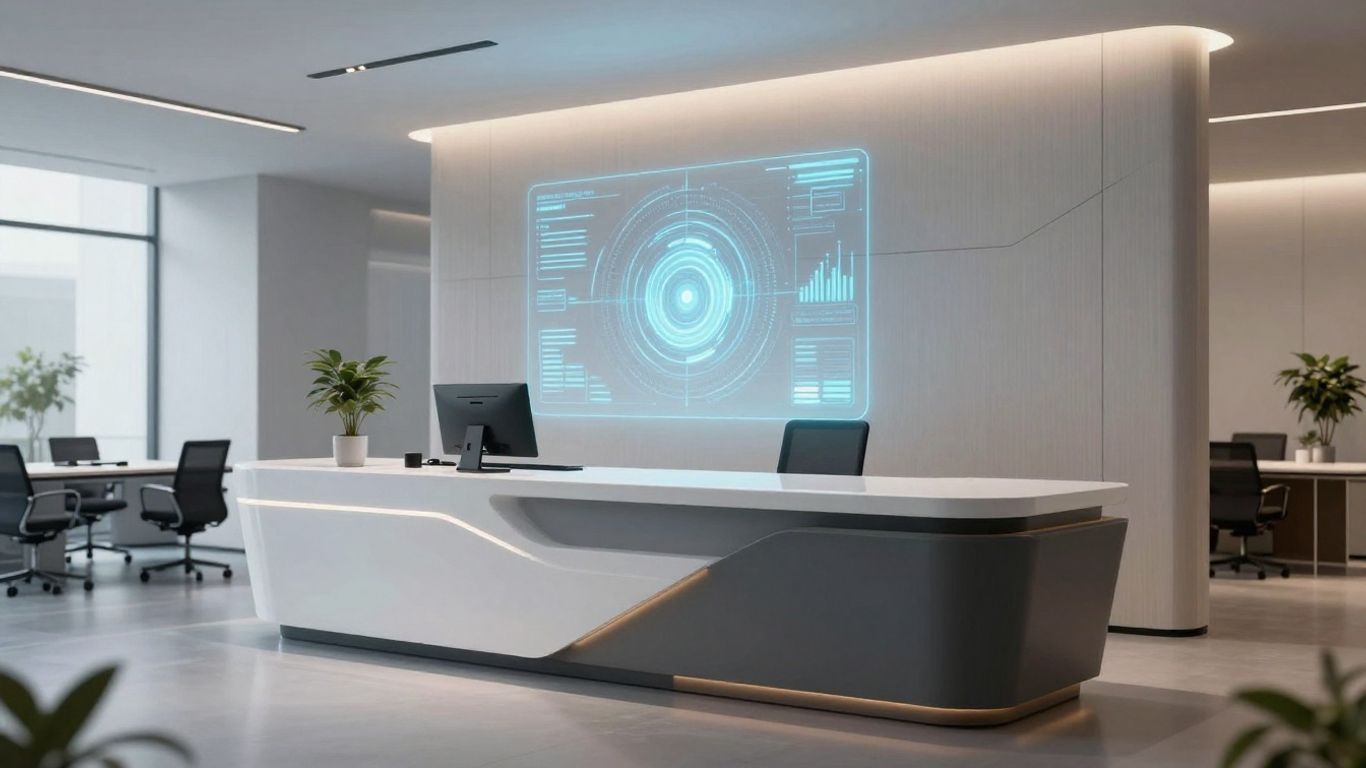 AI virtual receptionist interface at a modern office desk.