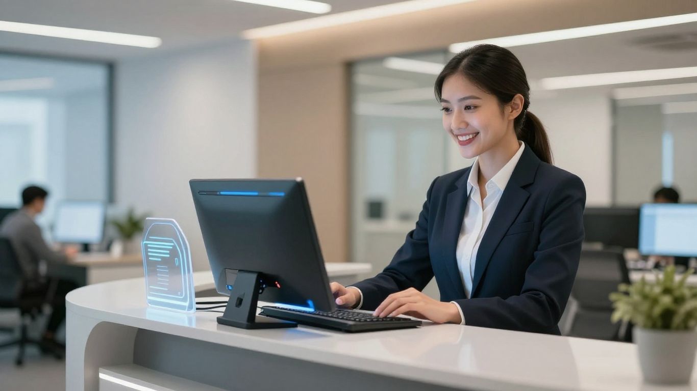 Smith.ai receptionist interacting with futuristic technology.