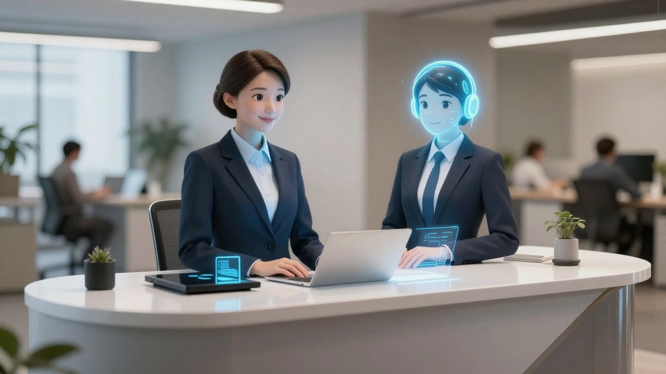 AI receptionist interface at a modern front desk.