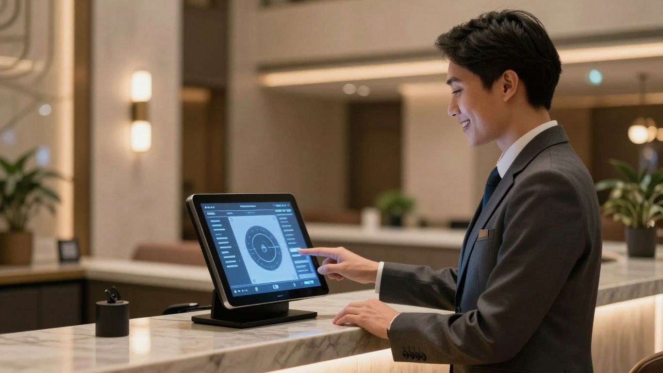 Hotel staff member interacting with AI receptionist.