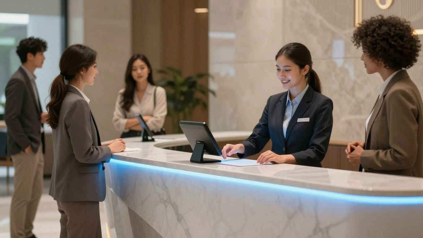 AI receptionist assisting hotel staff and guests in a lobby.