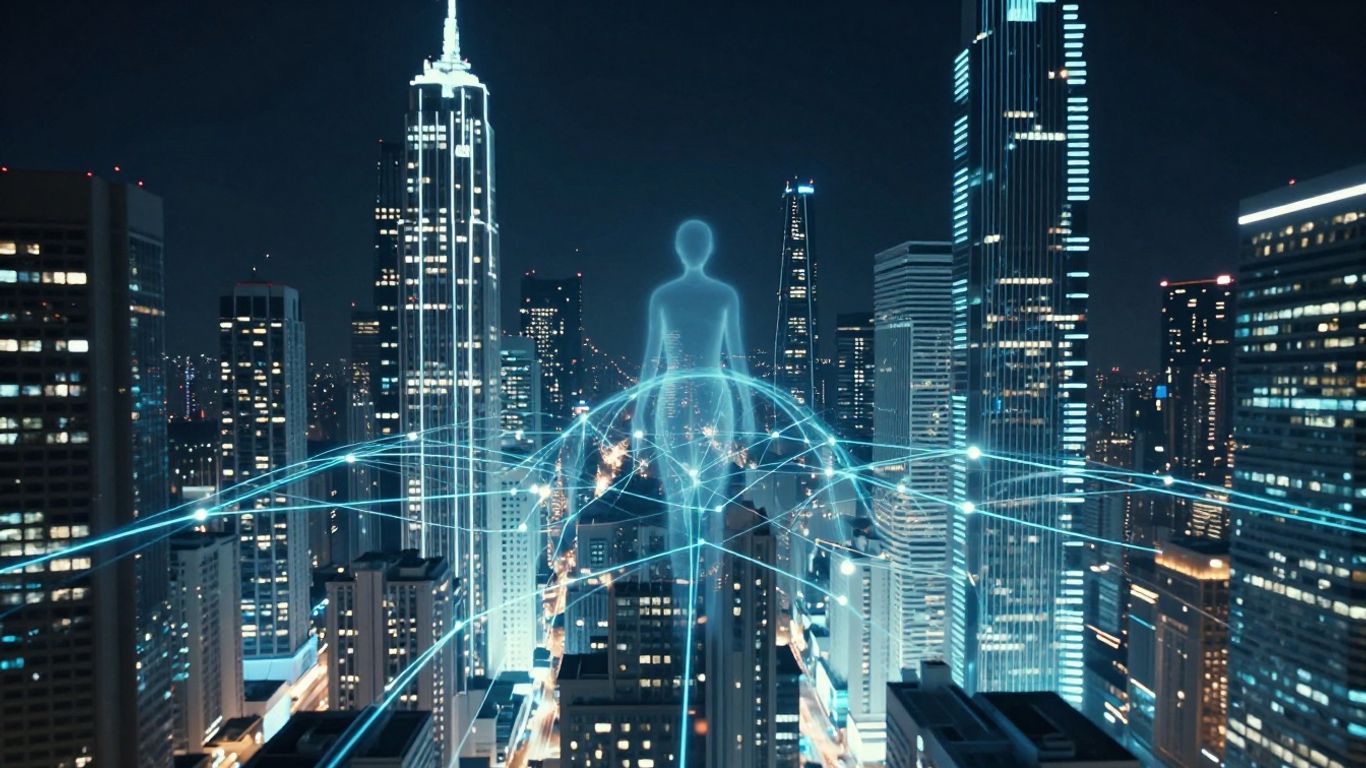 Futuristic cityscape with AI voice agent connections.