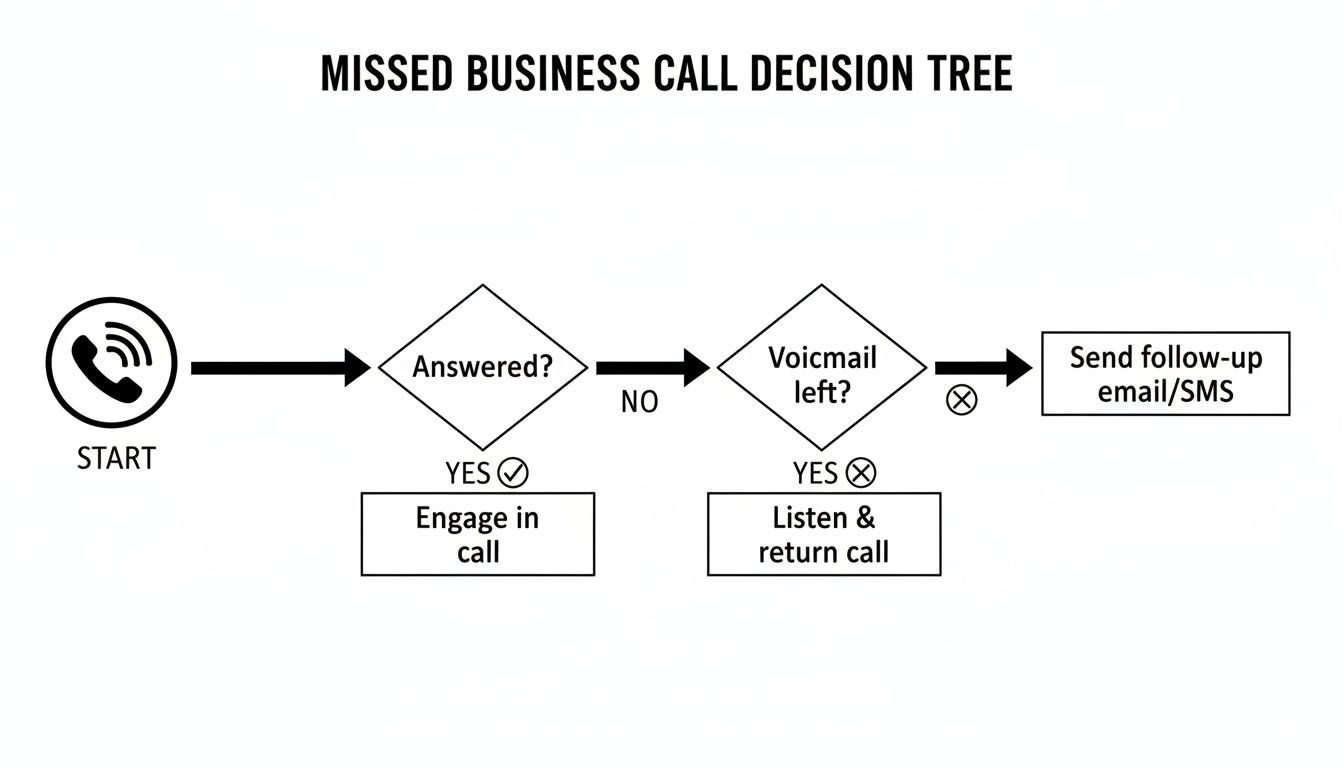 Flowchart showing a decision tree for handling missed business calls, from answering to follow-up.