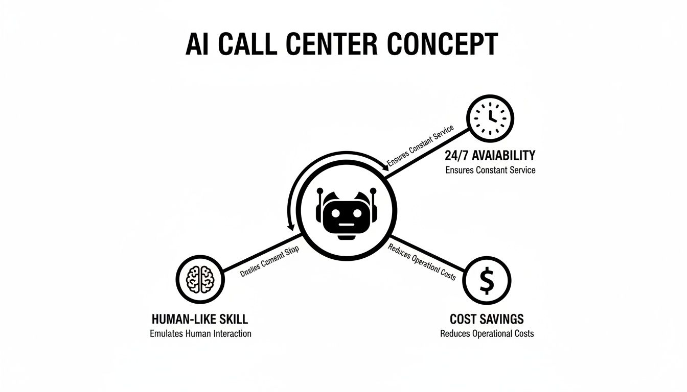 Diagram illustrating the AI Call Center Concept, highlighting 24/7 availability, human-like skill, and cost savings.