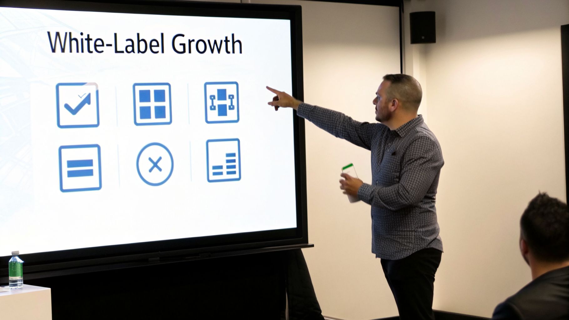 A man in a patterned shirt points to a large screen displaying "White-Label Growth" and blue icons during a presentation.