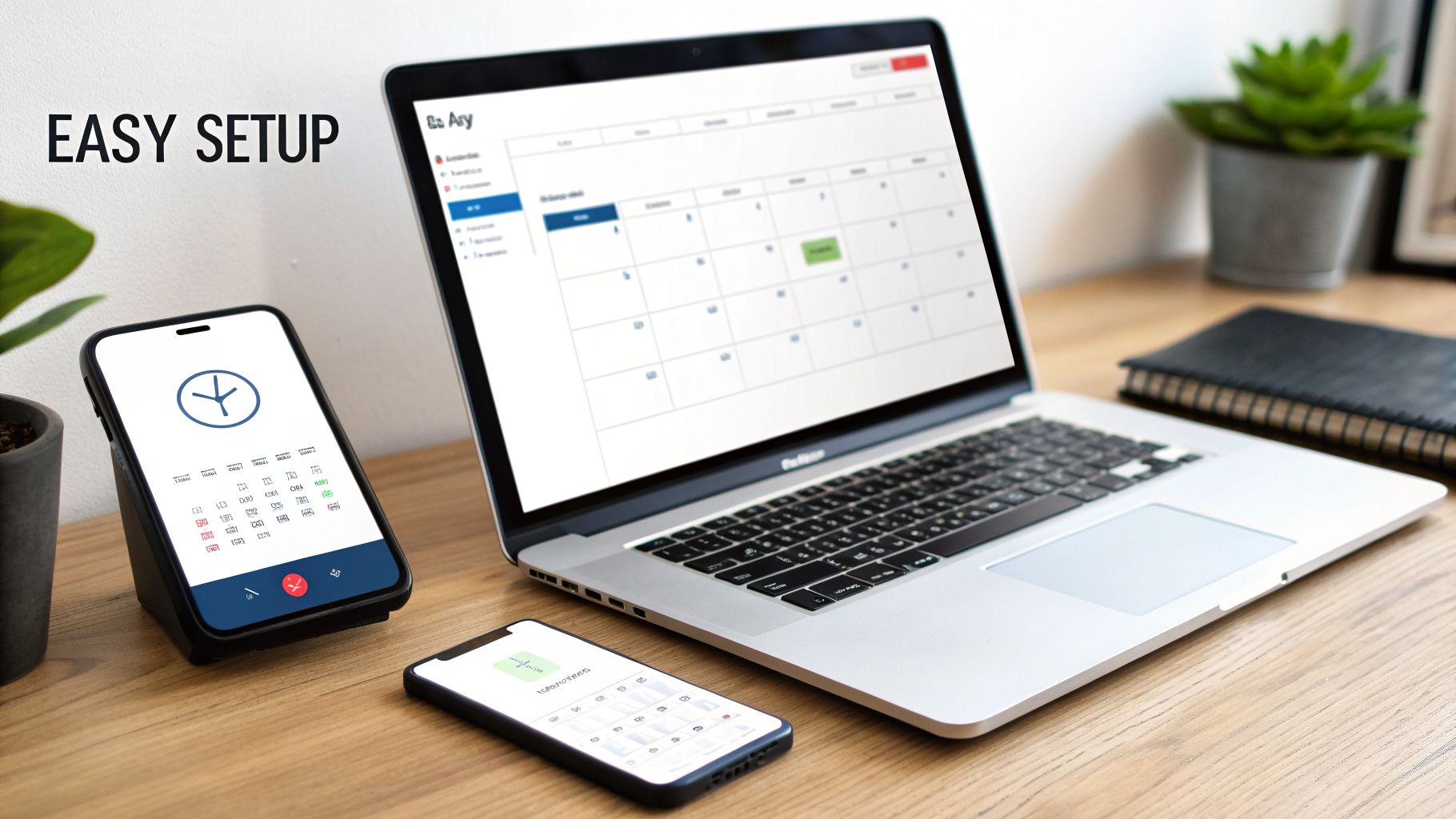 A laptop and two smartphones on a wooden desk, displaying calendar apps, with 'EASY SETUP' text.