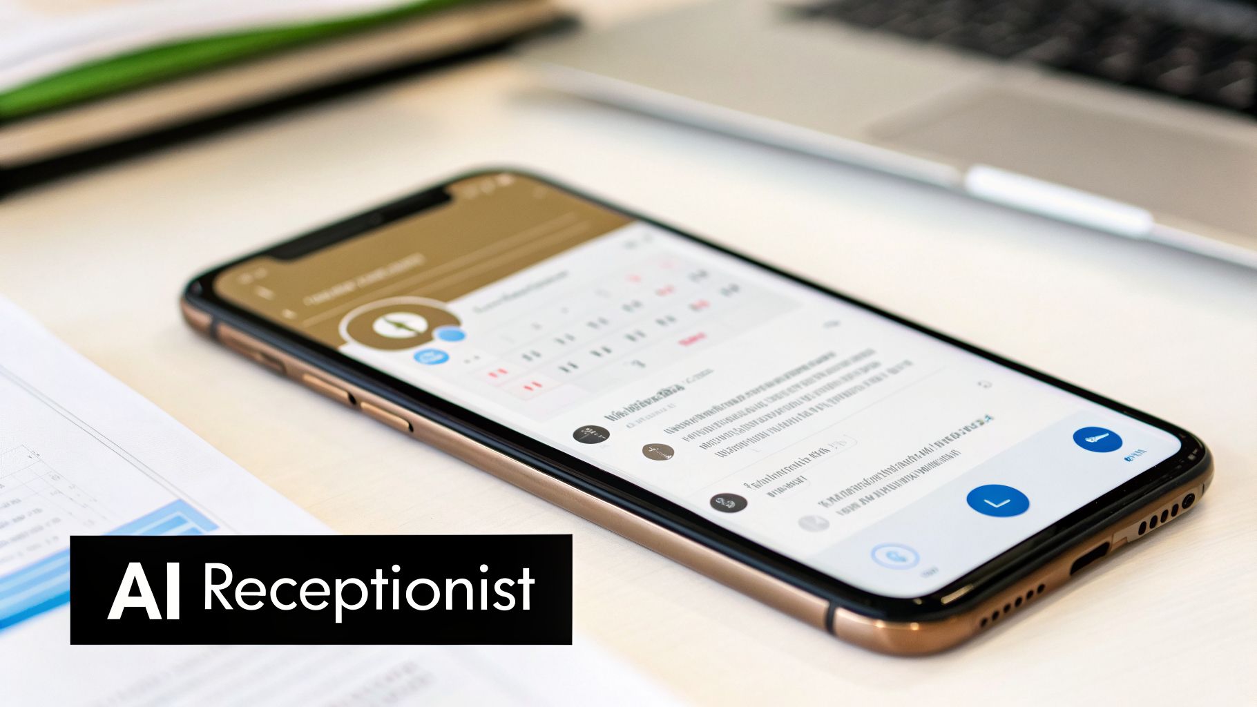 A gold smartphone with a scheduling app on an office desk, next to documents and a laptop.