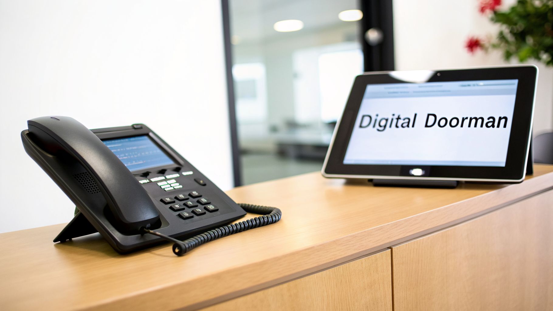 A black office phone and a tablet displaying 'Digital Doorman' on a light wood counter.
