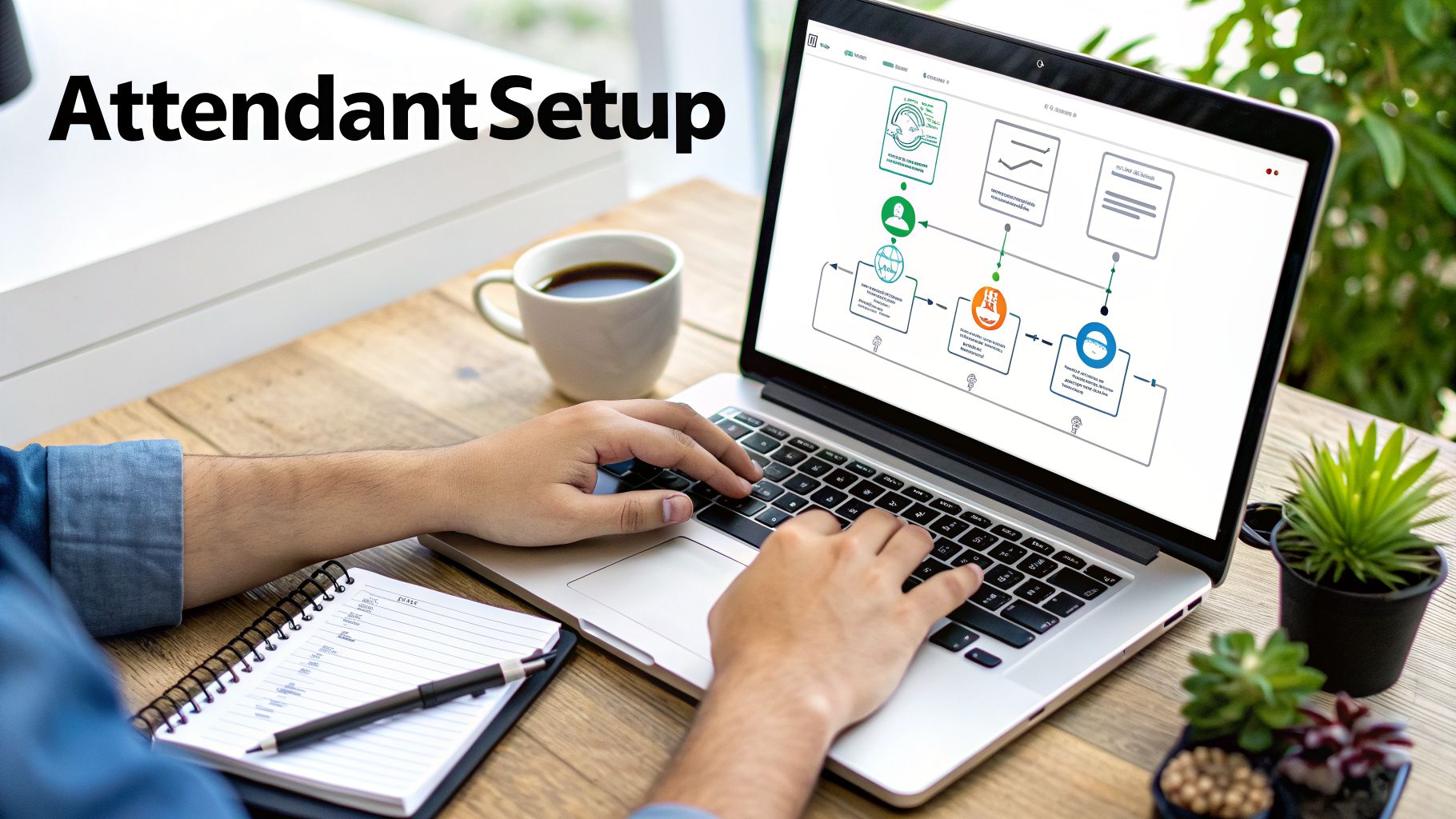 Person typing on a laptop with 'Attendant Setup' text, displaying a complex flowchart on screen.