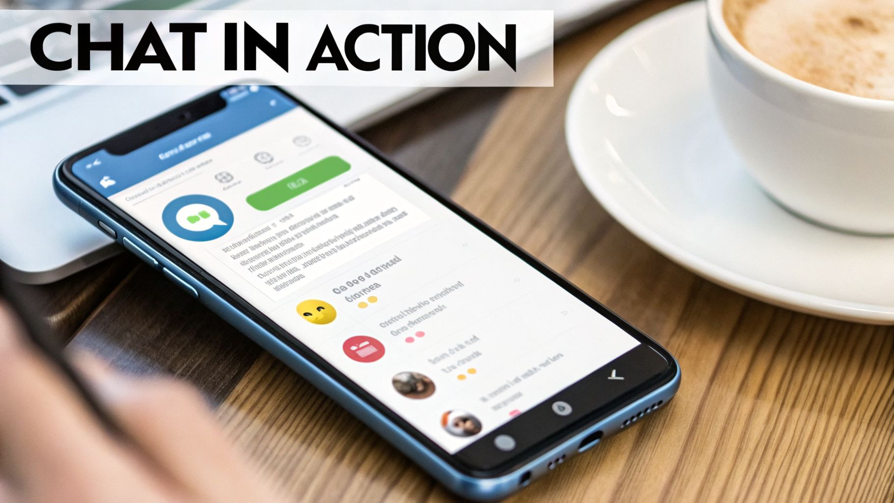Smartphone displaying a chat application with the text 'CHAT IN ACTION', next to a coffee cup and laptop.