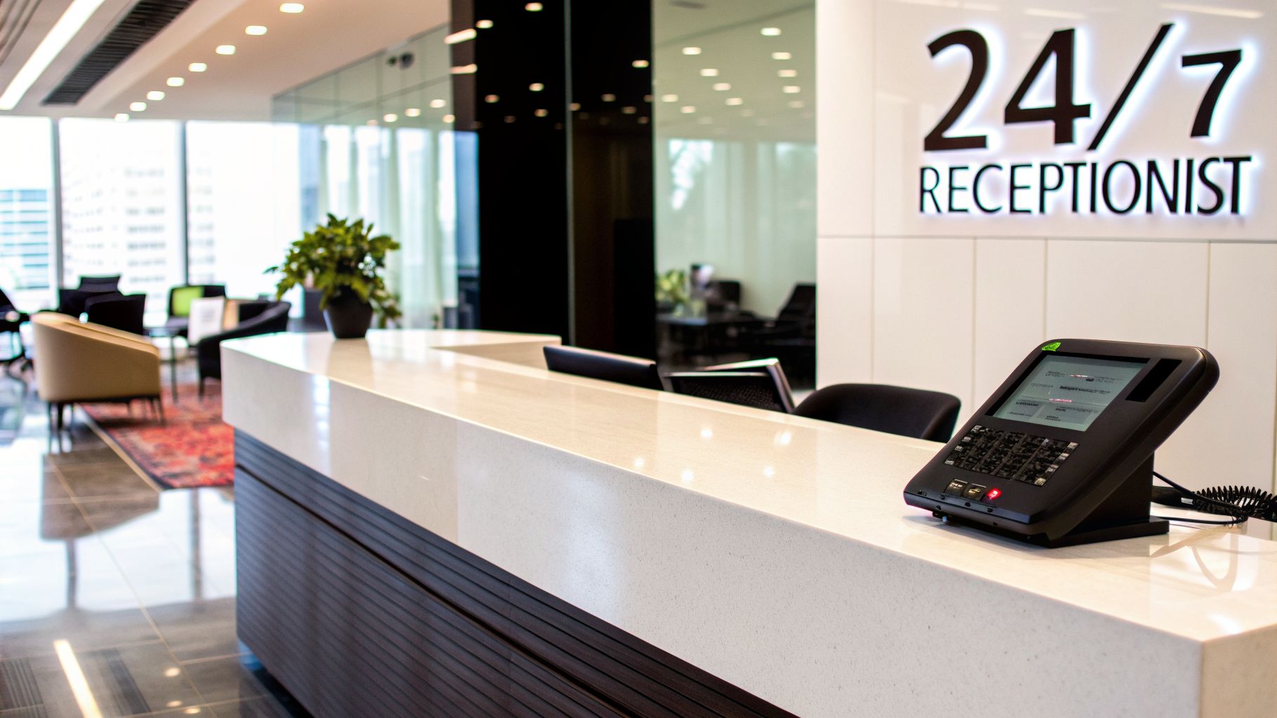 A modern office reception desk with a 24/7 Receptionist sign and a self-service kiosk.
