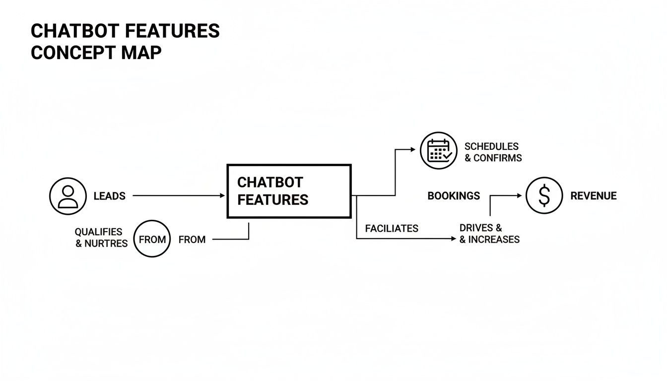 Concept map illustrating how chatbot features qualify leads, manage bookings, and increase revenue efficiently.