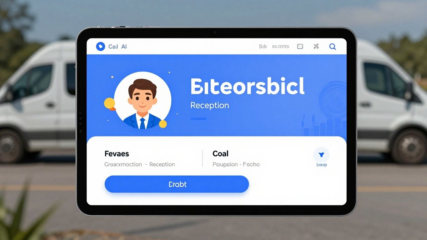 AI receptionist interface on a tablet with plumbing van background.