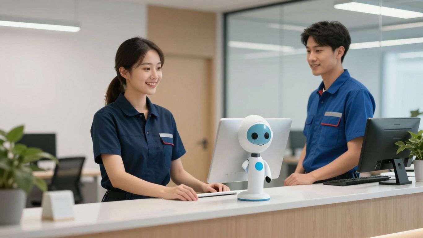 AI receptionist assisting a plumber in an office.