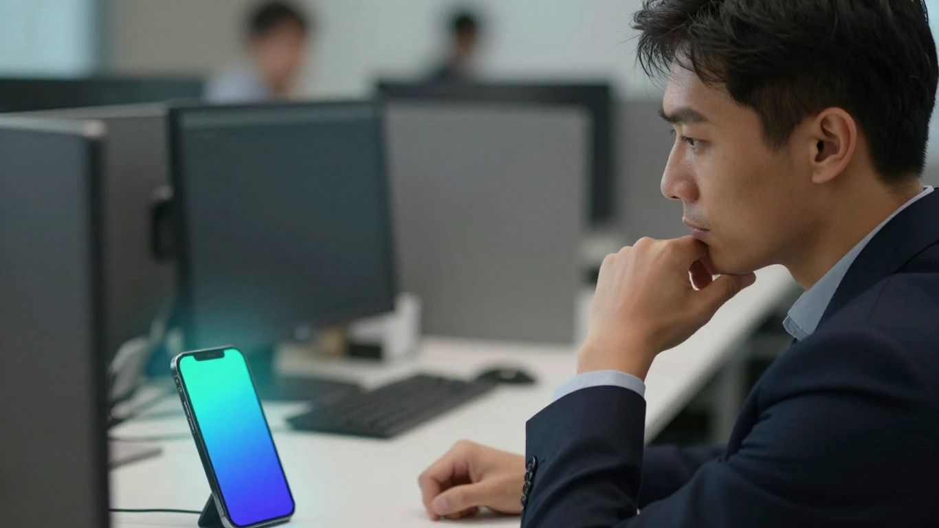 Business person considering a phone for answering service.