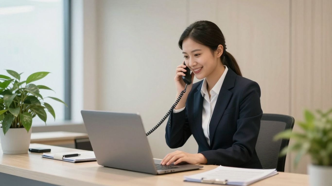 Professional receptionist handling a business phone call.