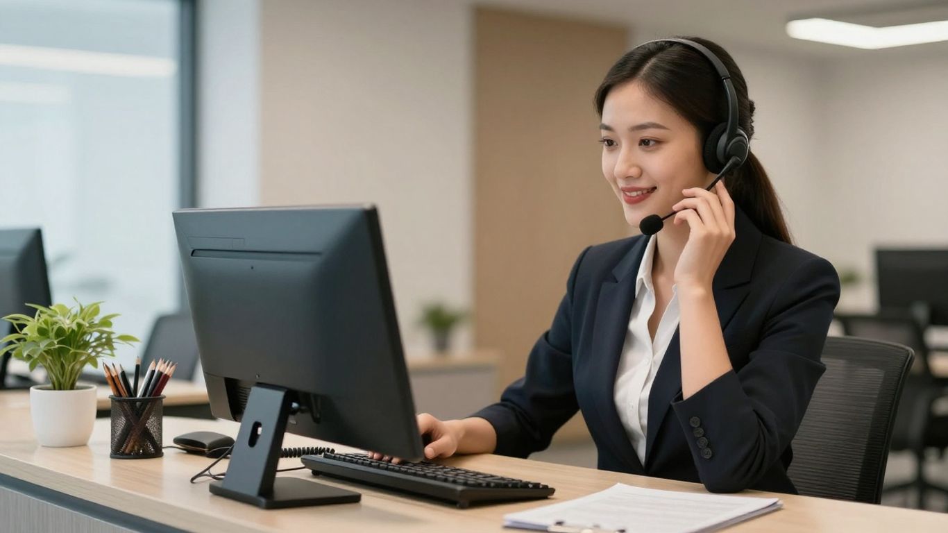 Professional receptionist using a modern telephone system.