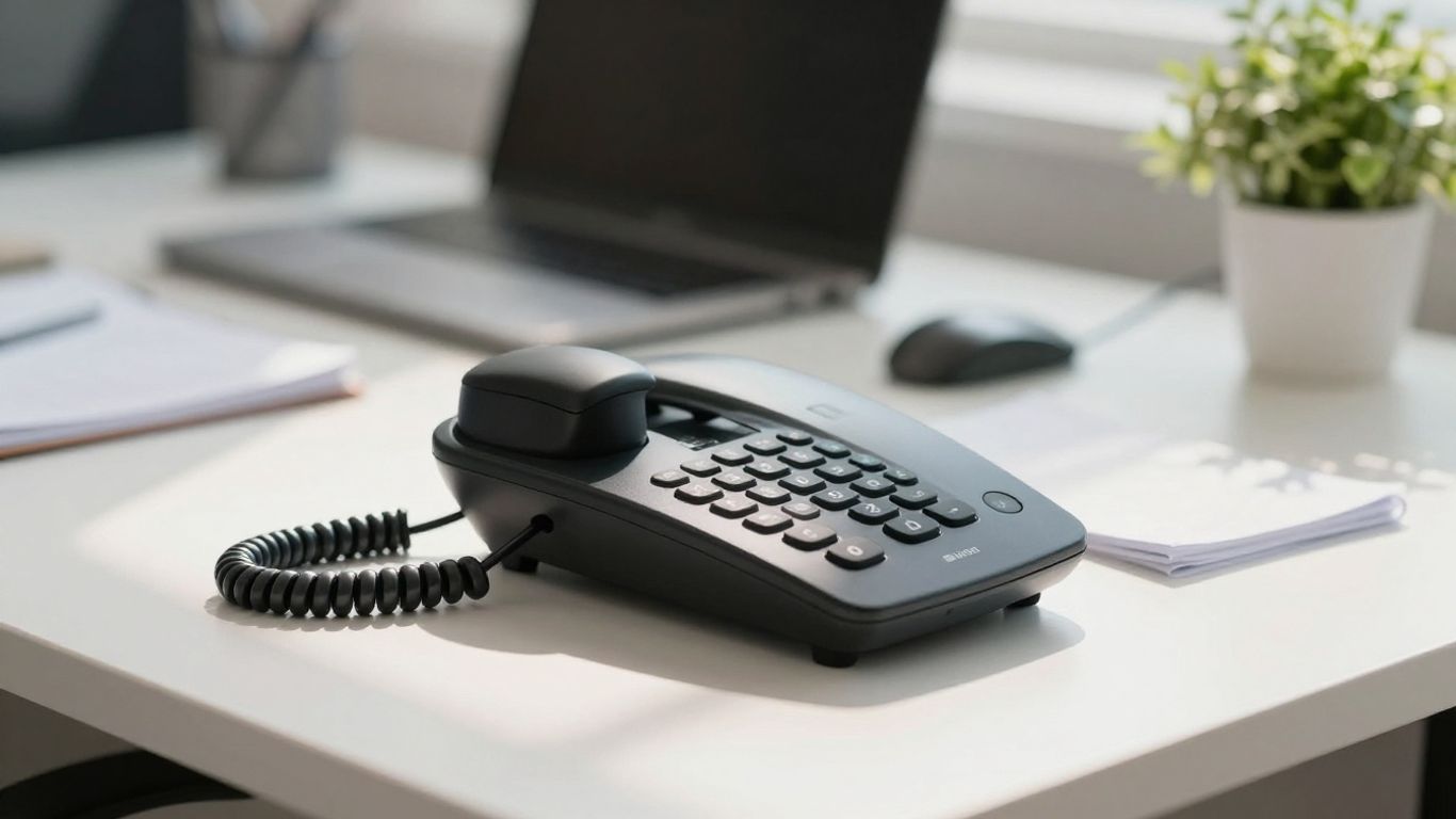 Professional telephone on a desk in a modern office.