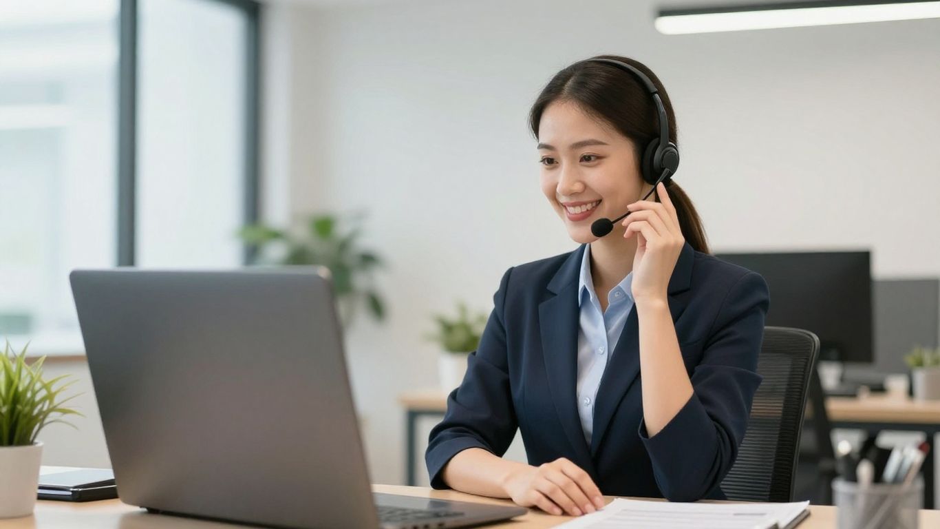 Professional receptionist with headset in modern office.