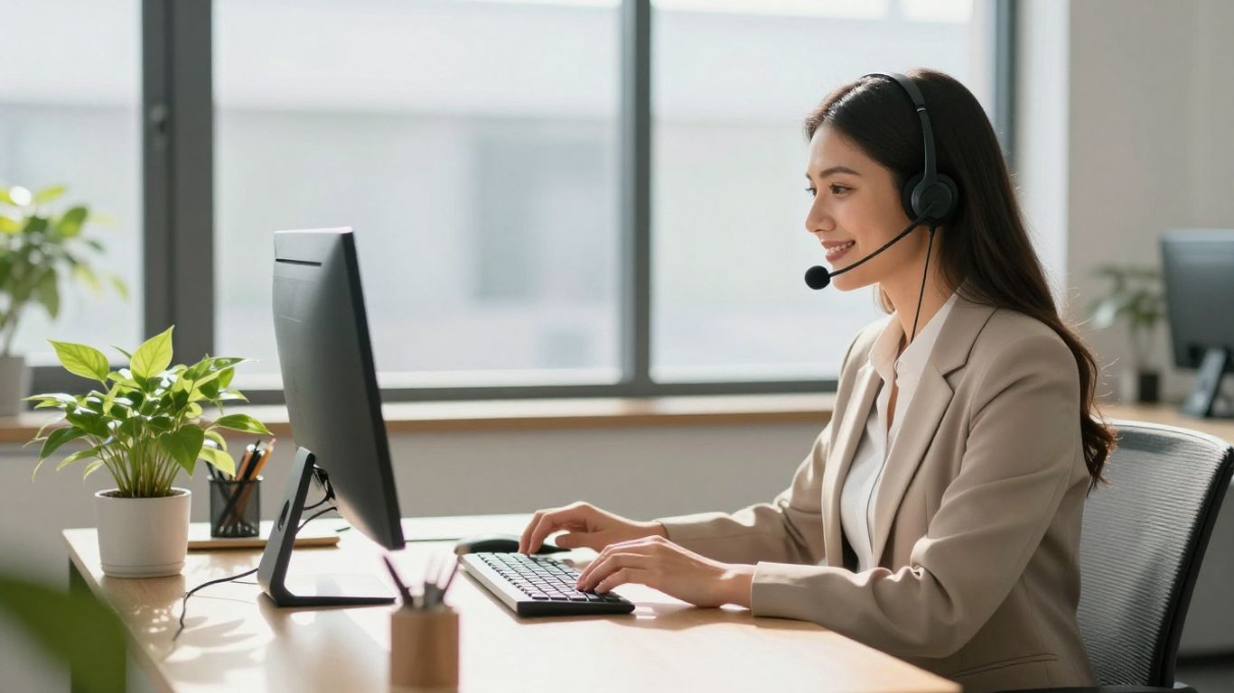 Professional receptionist answering business calls with a headset.