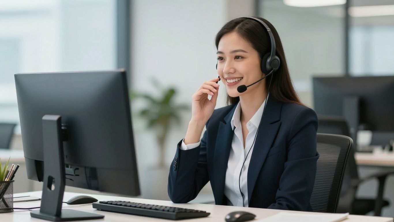 Virtual receptionist assisting a business client with a headset.