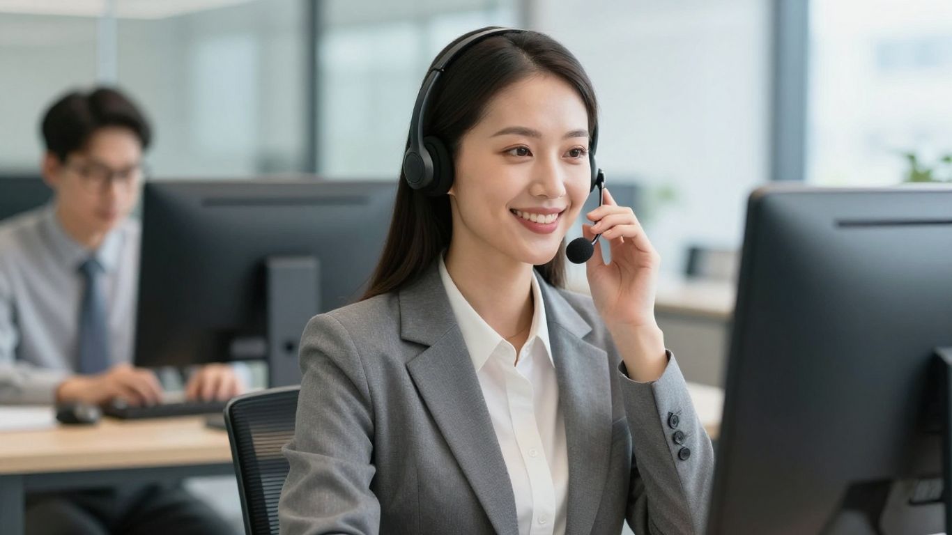 Virtual receptionist assisting a client with a headset.