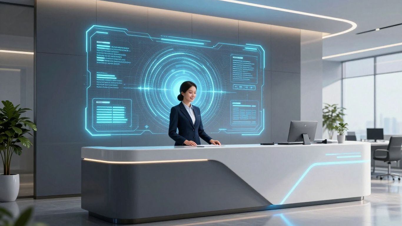 AI receptionist interface in a modern office setting.