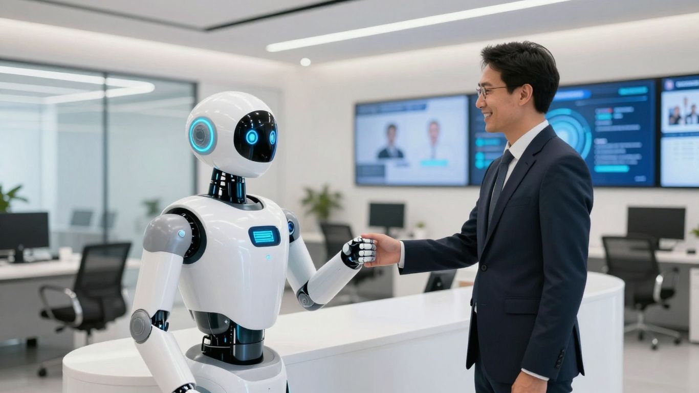 AI receptionist greets professional in a modern office