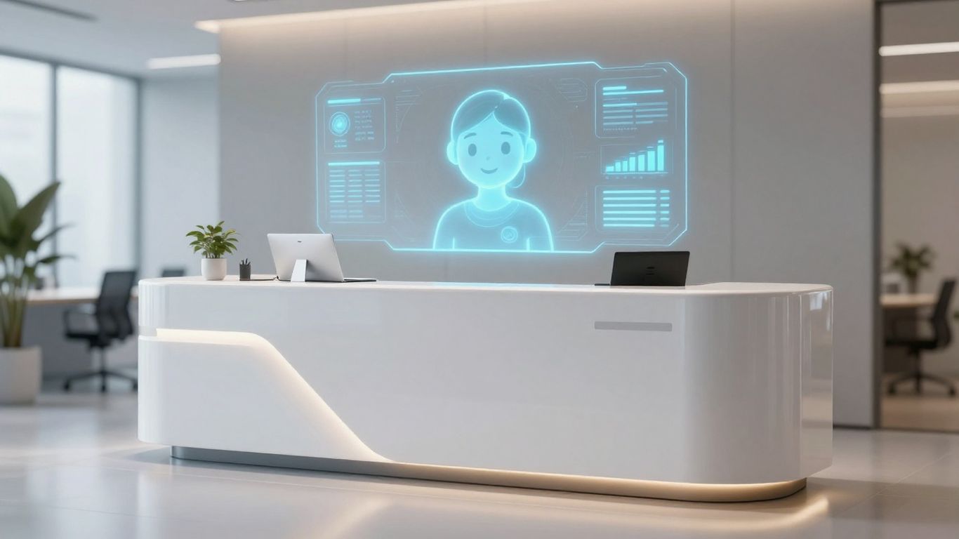 AI receptionist interface at a modern desk.