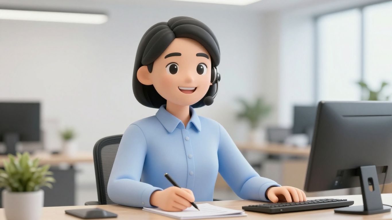 AI receptionist avatar smiling in a modern office setting.