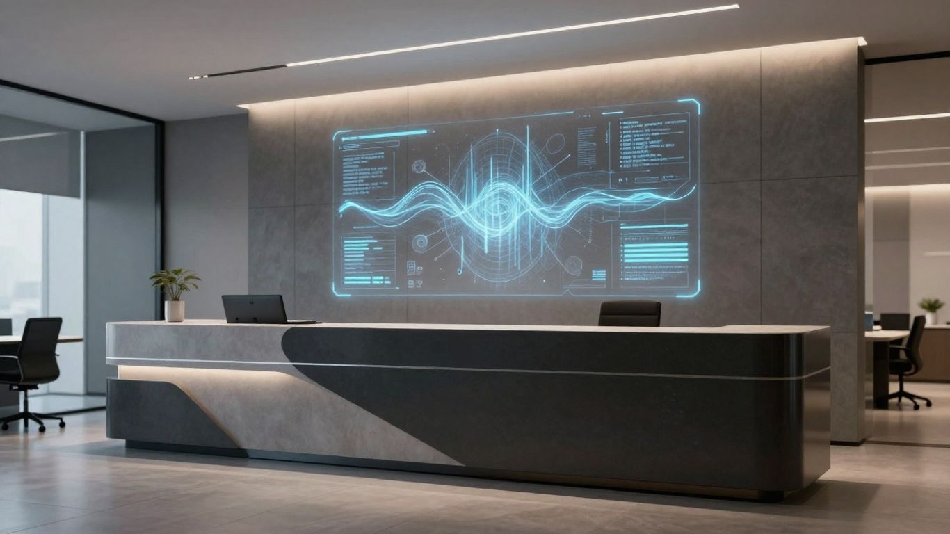 Futuristic AI receptionist interface in a modern office.