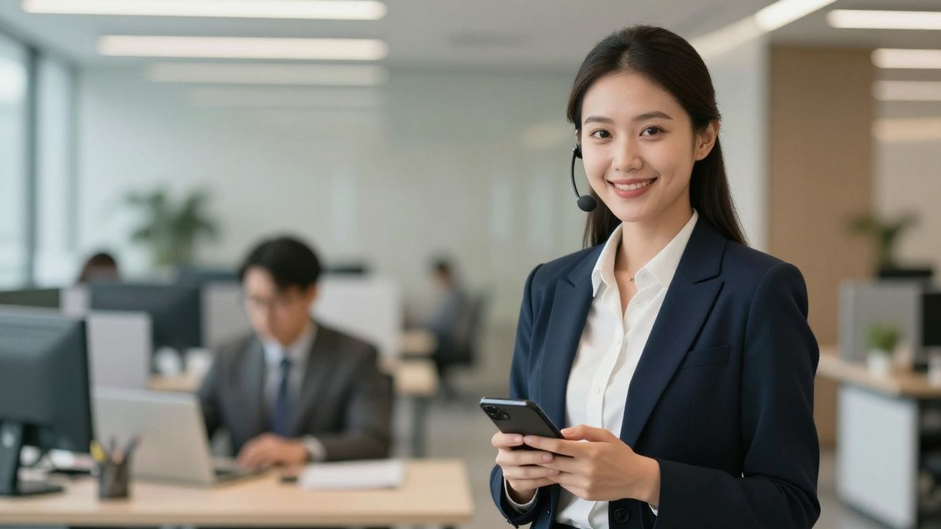 Professional woman answering a phone in an office.