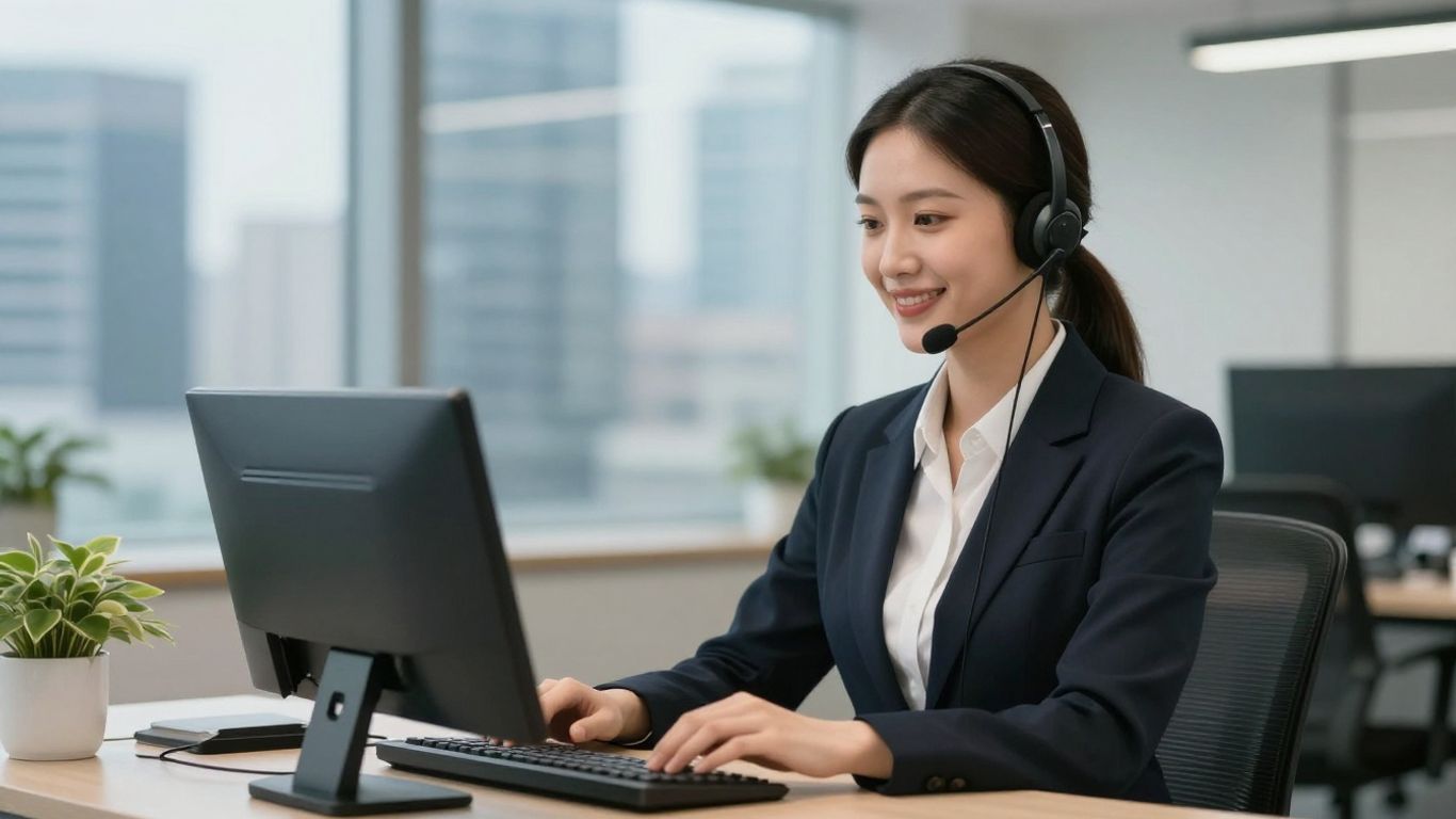 Professional receptionist with headset in a modern office.
