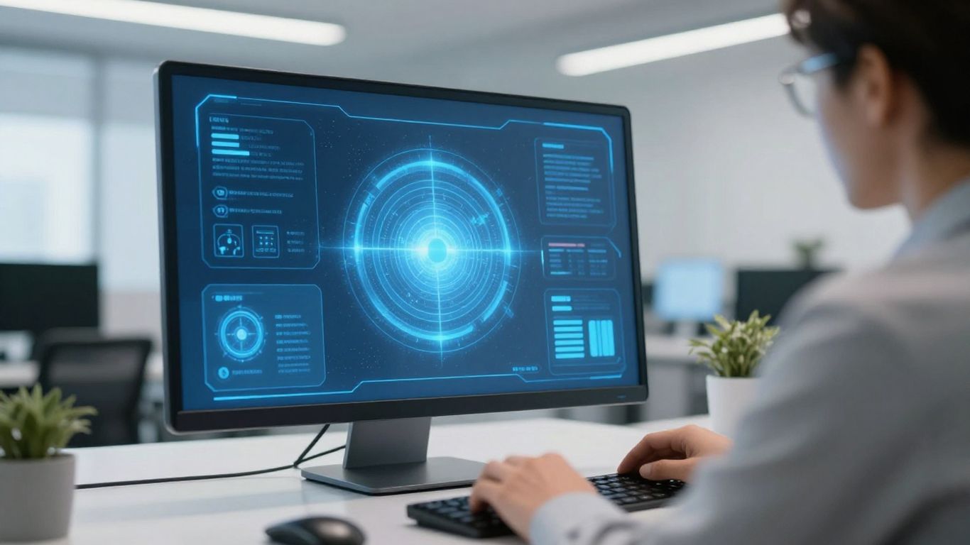 AI receptionist assisting HVAC technician with glowing interface.