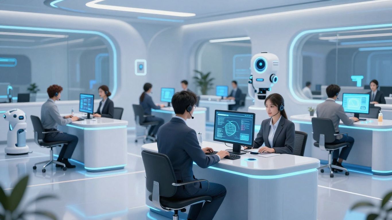 Futuristic call center with AI and human agents.
