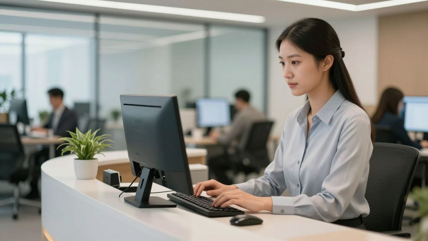 Receptionist scheduling appointments on a computer.