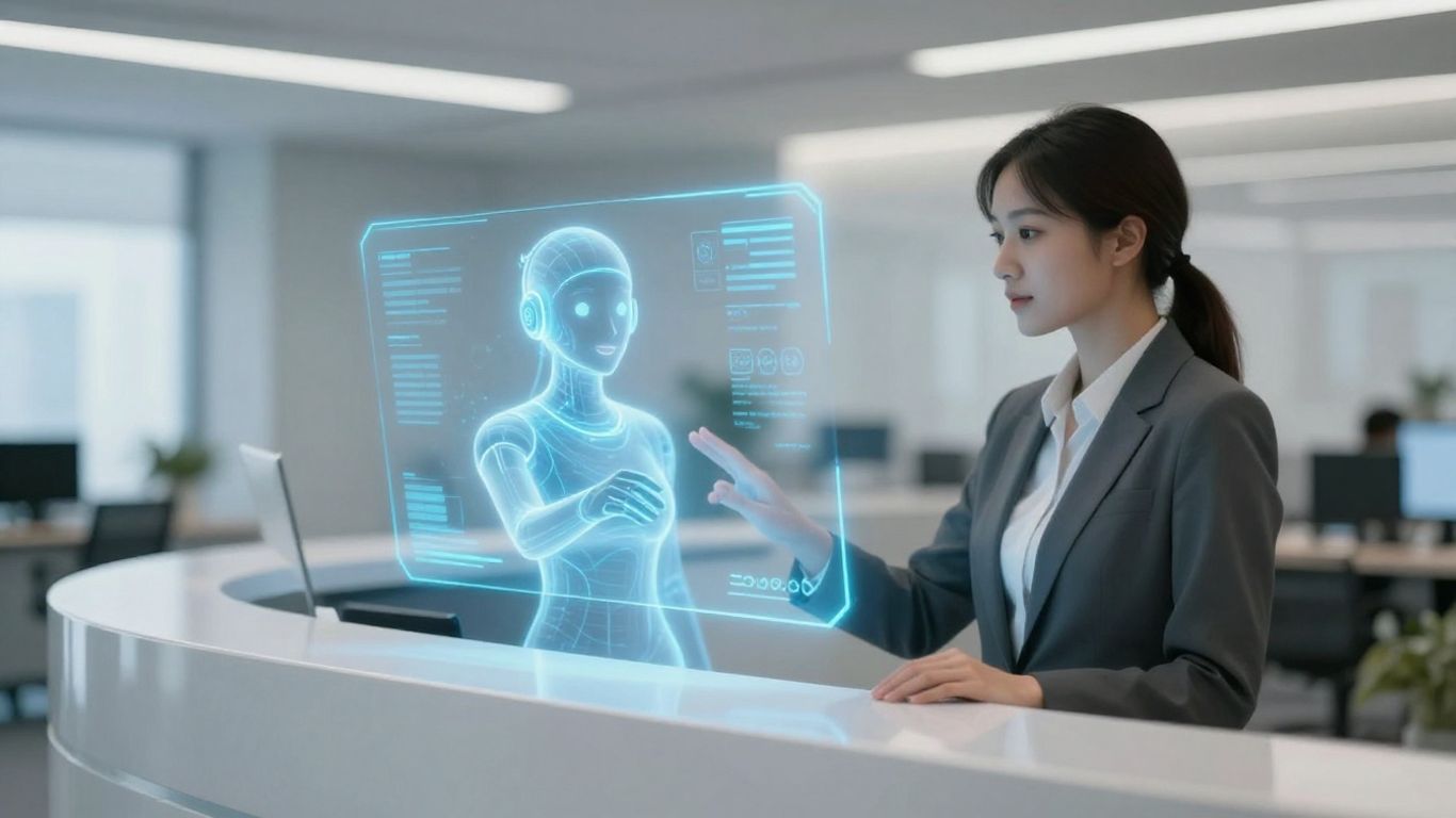 AI receptionist interface in a modern office setting.