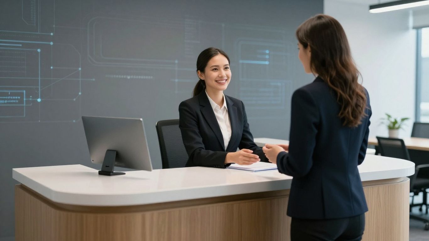 AI receptionist assisting a client in a modern office.