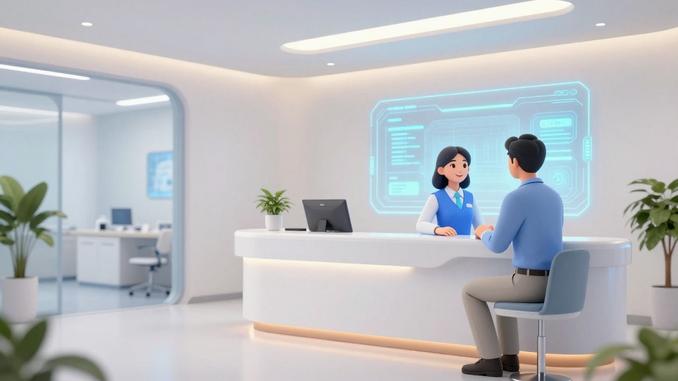 AI receptionist assisting a patient in a medical office.