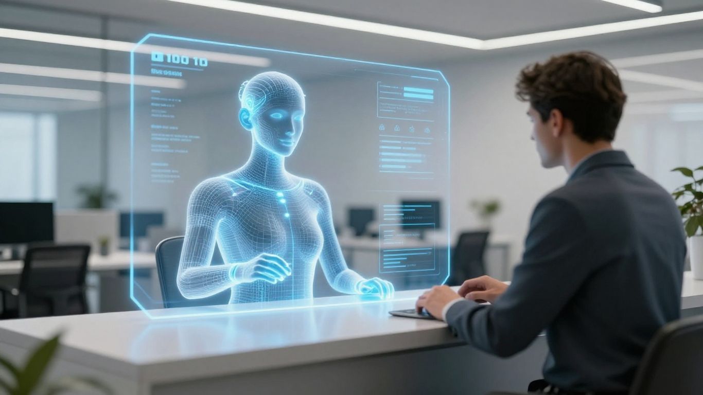 AI receptionist interface in a modern office.