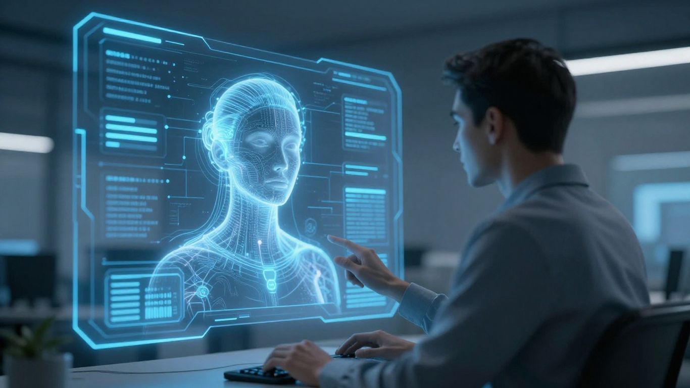 Futuristic AI assistant interface with holographic avatar.